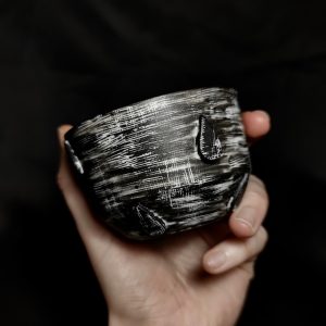 Black and White Etched porcelain cup with Drop relief design