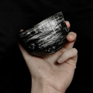 Black and White Etched porcelain cup with Heart relief design