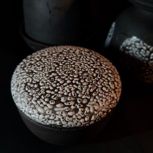 Dark Clay ceramic jar White Drop Lid closed