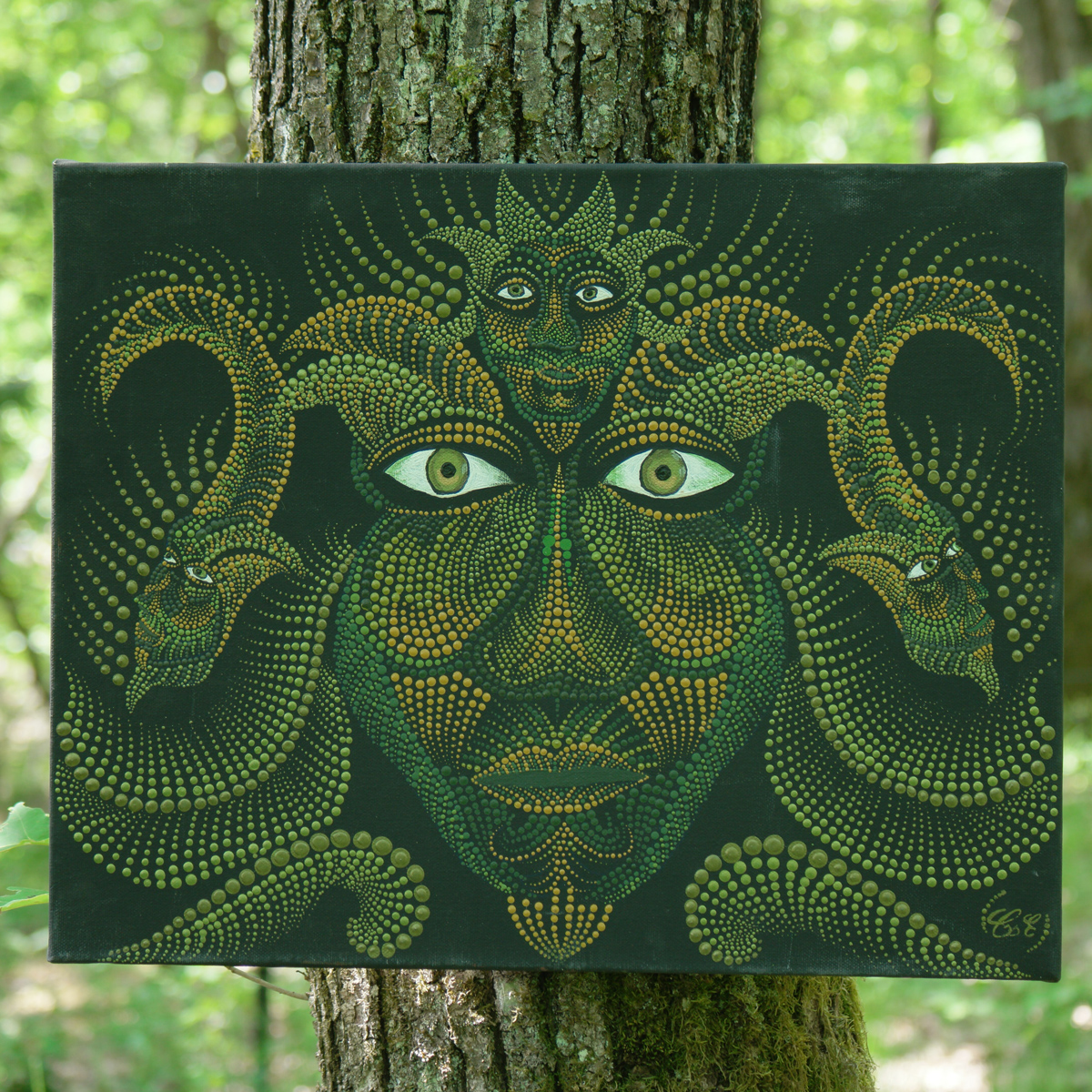 Green Eyes dot painting moon workshop